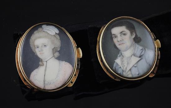 A pair of 19th century gold mounted mourning portrait miniature bracelet clasps, 1.5in.